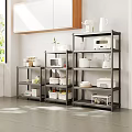 Iron Storage Rack In Modern Kitchen With Microwave Pots Fruits
