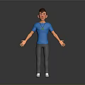 3D Character Model Wearing Blue T Shirt Gray Pants White Shoes And Green Necklace