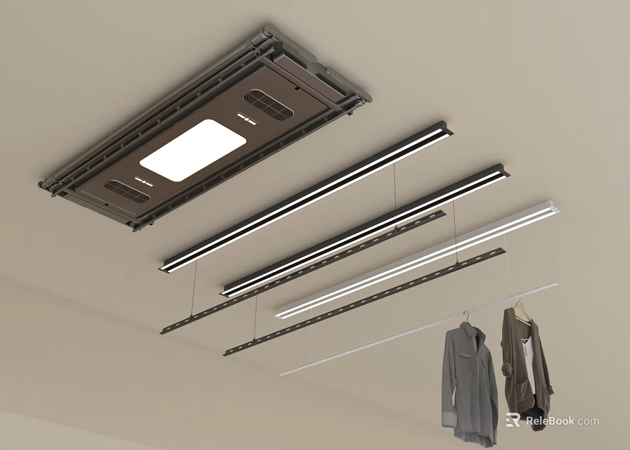 Modern Indoor Ceiling Mounted Clothes Drying Rack With LED Lights 3d model