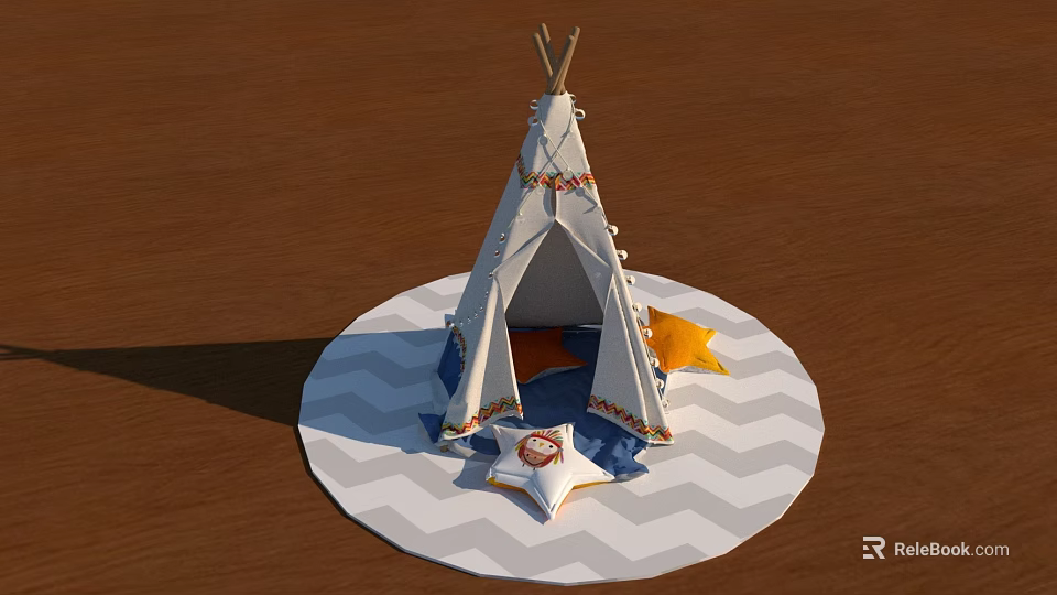 Cozy White Tepee Tent with Star Decorations and Orange Cushions on Chevron Mat 3d model 