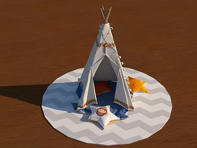 Cozy White Tepee Tent with Star Decorations and Orange Cushions on Chevron Mat 3d model