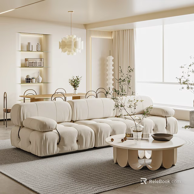 Modern Living Dining Room Interior With Plush Sofa Round Coffee Table And Bright Windows 3d model