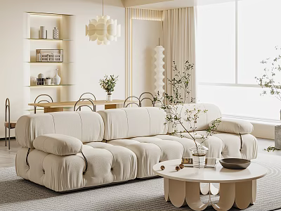Modern Living Dining Room Interior With Plush Sofa Round Coffee Table And Bright Windows 3d model