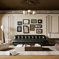 Elegant Living Room Interior With Framed Artworks Chandelier And Black Leather Sofa