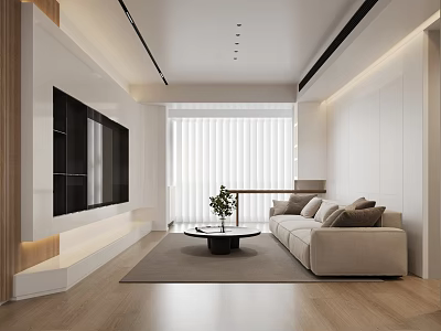 Modern Living Room Interior Design With Beige Sofa Large Screen TV And Round Coffee Table 3d model