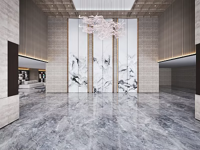Hotel Lobby Modern Design With Spacious Interior And Marble Floor Artistic Backdrop Wall Large Chandelier 3d model
