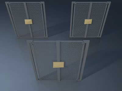 Set Of Three Hinged Doors With Metal Frame Mesh Panels And Gold Accent Handles 3d model