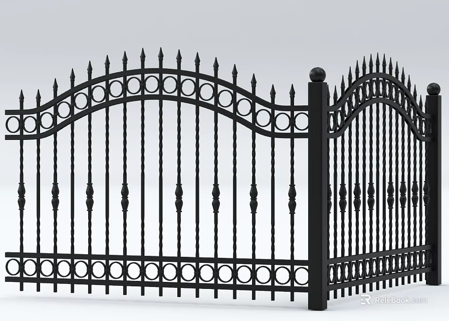 Building Exterior Wall With Wrought Iron Gate Featuring Arched Top And Circular Decorations 3d model 
