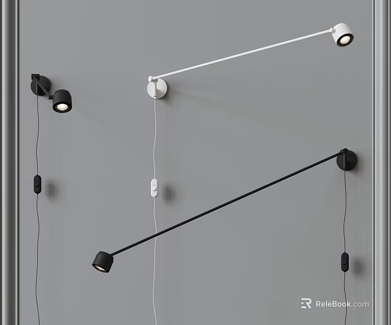 Modern Minimalist Wall Lamps In Black And White With Long Rod Mounted On Grey Wall 3d model 