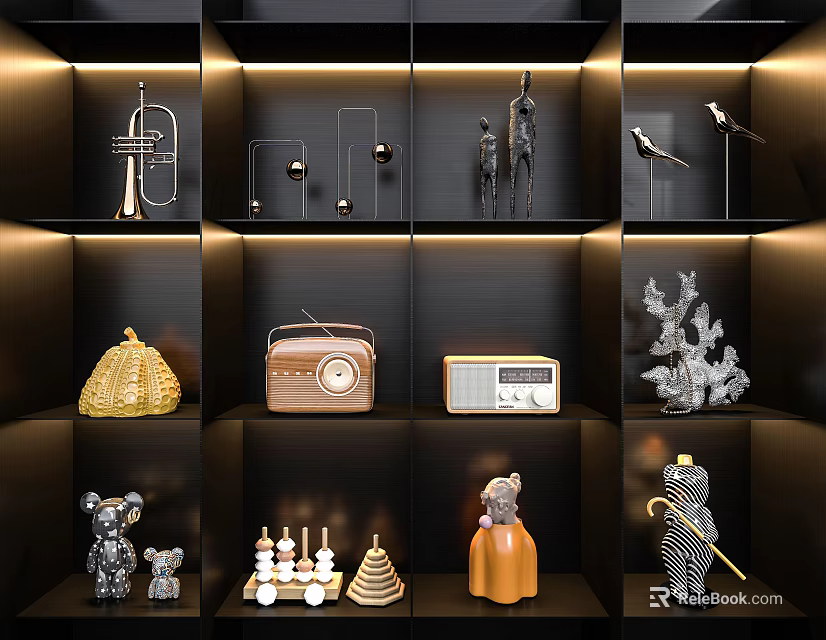 Modern Ornament Decor Combination With Various Sculptures Radios And Animal Figurines On Black Shelves With Lighting 3d model 