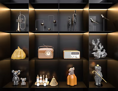 Modern Ornament Decor Combination With Various Sculptures Radios And Animal Figurines On Black Shelves With Lighting 3d model