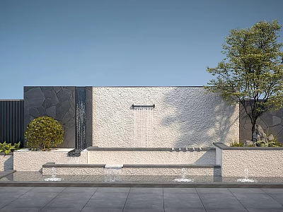 Building Exterior Wall Modern Design With Stone Panels Waterfall Feature Tree And Fountains 3d model