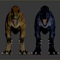 3D Model Of Orange And Blue Spotted Dinosaurs With Open Mouths On Gray Background