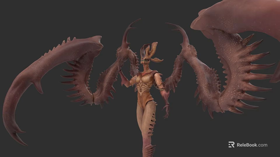 Fantasy Mythical Character With Spiked Wings Exoskeleton And Alien Biomechanical Features 3d model 