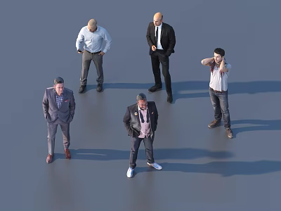 Group of Men Standing Together in Different Formal and Casual Attire on Gray Background 3d model