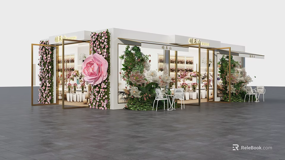Flower Shop Storefront with Pink Rose Decoration Green Plants Glass Windows and Interior Flower Displays 3d model 
