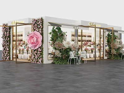 Flower Shop Storefront with Pink Rose Decoration Green Plants Glass Windows and Interior Flower Displays 3d model