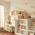 Cozy Kids Room Interior With Slide Bookshelves Storage Units And Cloud Bird Wall Decals