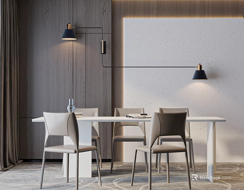 Modern Elegant Dining Table Set With White Table Beige Chairs Black Pendant Lights Textured Wall 3d model 