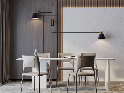 Modern Elegant Dining Table Set With White Table Beige Chairs Black Pendant Lights Textured Wall 3d model