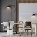Modern Elegant Dining Table Set With White Table Beige Chairs Black Pendant Lights Textured Wall 3d model