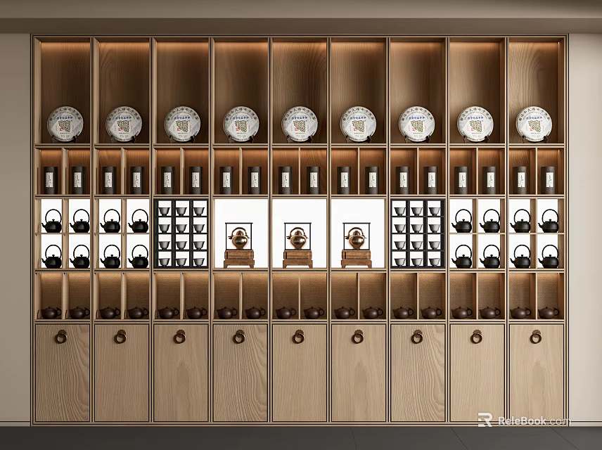 Modern Wooden Tea Cabinet With Multiple Shelves Displaying Tea Plates Bottles And Ornaments 3d model 