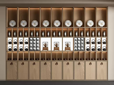 Modern Wooden Tea Cabinet With Multiple Shelves Displaying Tea Plates Bottles And Ornaments 3d model