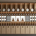 Modern Wooden Tea Cabinet With Multiple Shelves Displaying Tea Plates Bottles And Ornaments