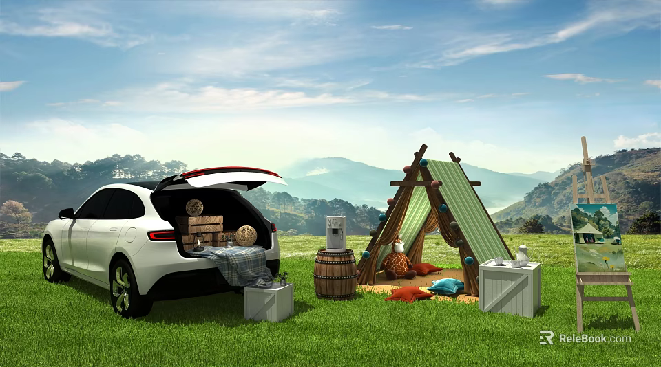 Outdoor Camping Setup With SUV Open Trunk Green Tent And Picnic Supplies 3d model 