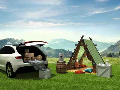 Outdoor Camping Setup With SUV Open Trunk Green Tent And Picnic Supplies 3d model