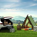 Outdoor Camping Setup With SUV Open Trunk Green Tent And Picnic Supplies