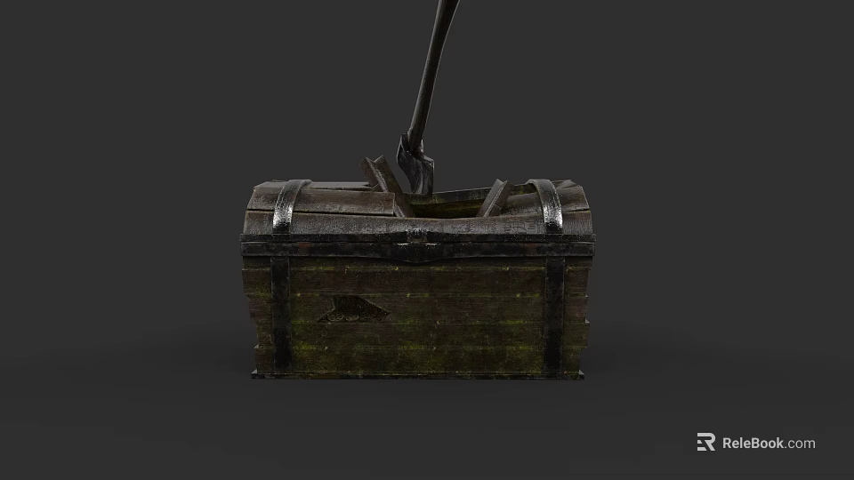 Vintage Wooden Chest With Metal Bands And Shovel In Dark Background 3d model 