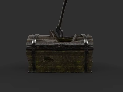 Vintage Wooden Chest With Metal Bands And Shovel In Dark Background 3d model