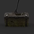 Vintage Wooden Chest With Metal Bands And Shovel In Dark Background