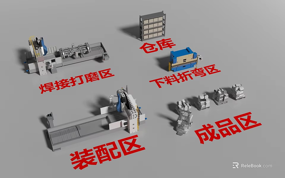 Industrial Equipment in Welding Grinding Cutting Bending Assembly Finished Product Areas and Warehouse 3d model 