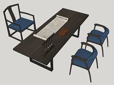 Dark Wooden Desk With Go Board Chess Pieces And Blue Chairs 3d model