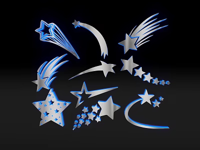 Silver And Blue Star Themed Wall Decor With Shooting Stars And Various Star Shapes 3d model
