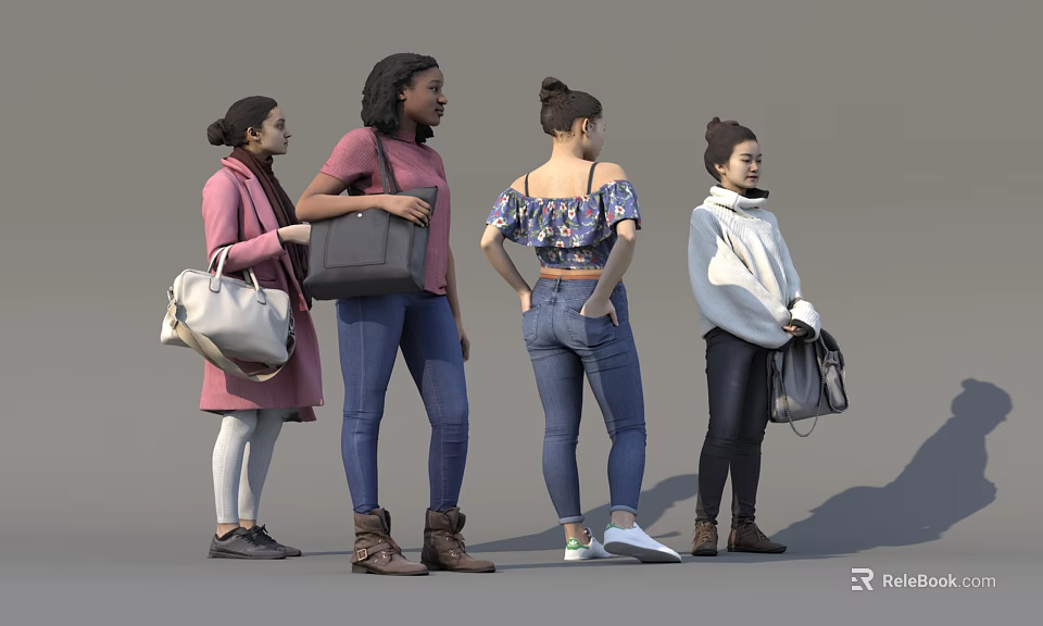 Group of Four Women in Stylish Outfits Standing with Different Bags 3d model 