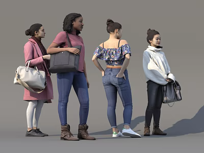 Group of Four Women in Stylish Outfits Standing with Different Bags 3d model