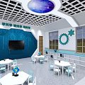 Kindergarten Science Classroom Blue Walls Circuit Board TV White Tables Blue Chairs Starry Ceiling Light