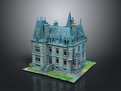 Vintage Gothic Building Model With Spire Towers Slate Roof Arched Windows And Stone Steps 3d model