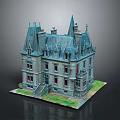 Vintage Gothic Building Model With Spire Towers Slate Roof Arched Windows And Stone Steps