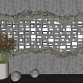 Gray Background Wall With Square Pattern Cracked Effect Pink Flowering Plant And Round Lamps