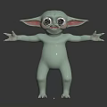 Green Creature with Large Ears and Big Eyes Standing with Outstretched Arms on Dark Background
