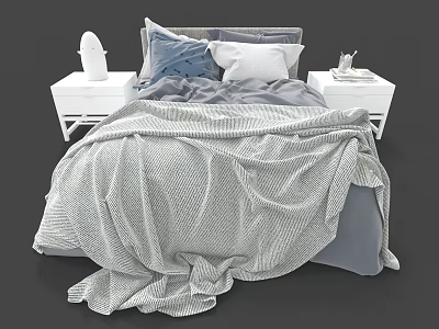Modern Double Bed With Gray Bedspread Decorative Pillows And White Nightstands In Bedroom 3d model