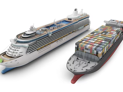 Cruise Ship And Cargo Ship With Containers Side By Side 3d model