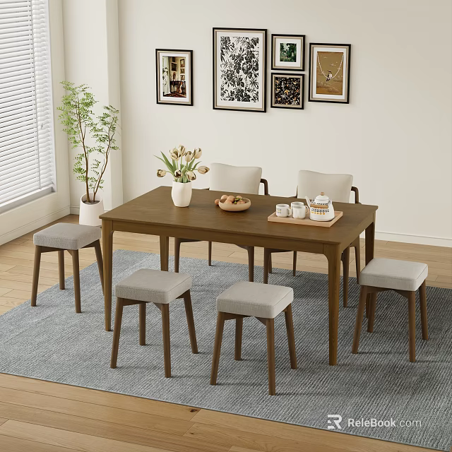 Modern Wooden Dining Table Set with Stools Vase Tray and Decorative Paintings 3d model 