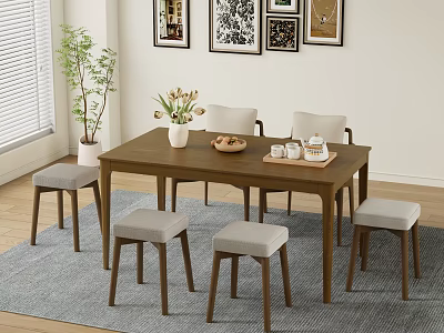 Modern Wooden Dining Table Set with Stools Vase Tray and Decorative Paintings 3d model