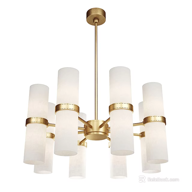 Elegant Modern Chandelier With White Cylindrical Shades And Gold Metal Accents 3d model 
