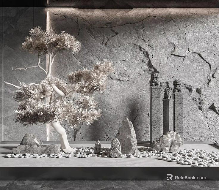 Artistic Garden Decor Display With Pine Tree Decorative Stones And Stone Wall Background 3d model 